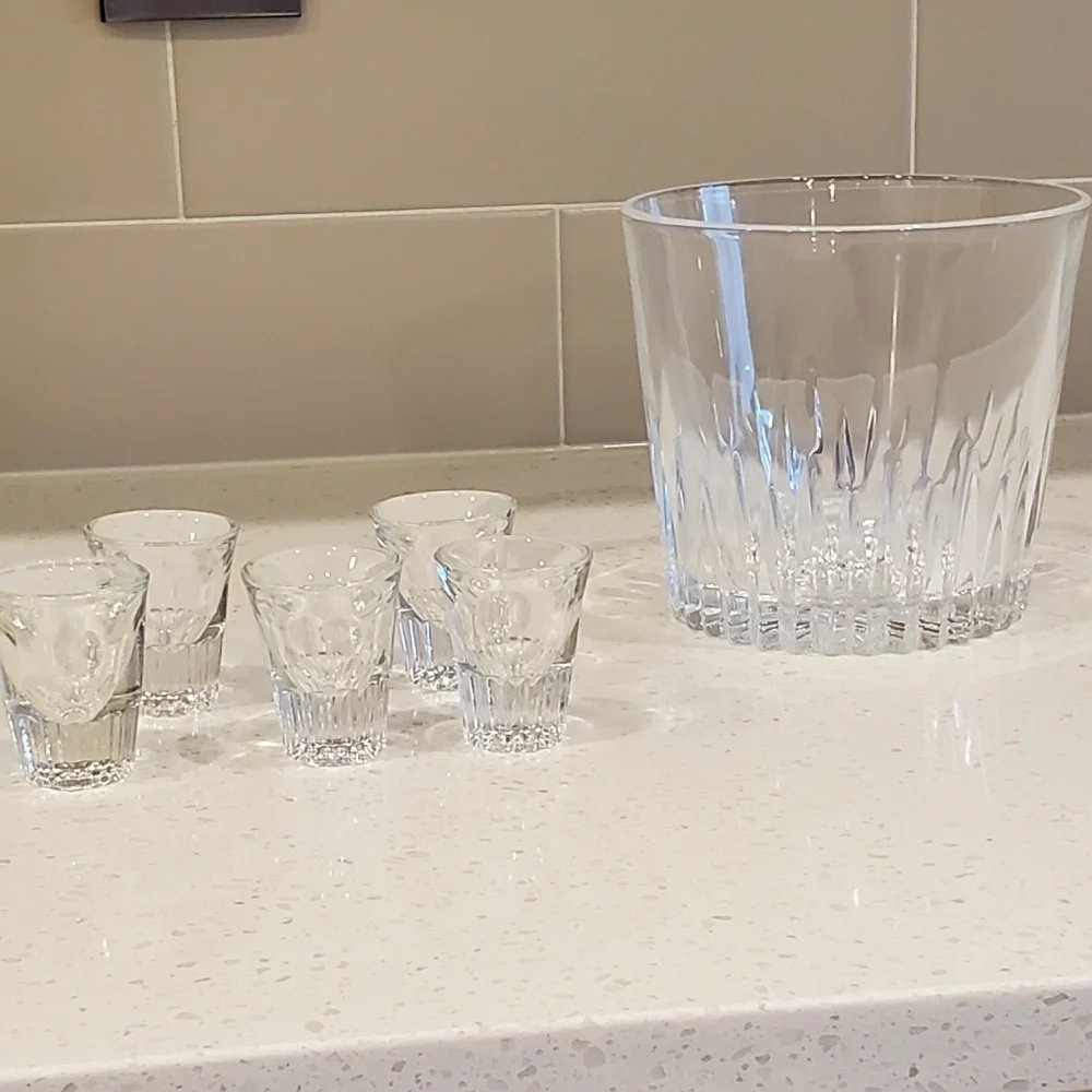 Vintage MCM, Ice Bucket + 5 Federal Glass Shotglasses, Fluted, EUC